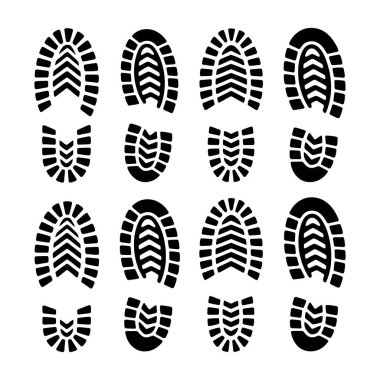 Bu resim, çeşitli ayakkabı uygulamaları için farklı lastik dizaynlarını gösteren siyah çizme ve ayakkabı izlerinden oluşan ayrıntılı bir diziye sahiptir..