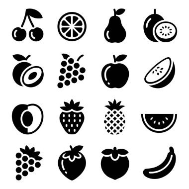 Beslenme, diyet, sağlıklı beslenme ve market uygulamaları için mükemmel, çeşitli siyah meyve ikonları..