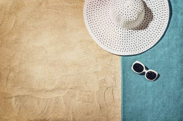 Top view of beach and sand with accessories — Stock Photo, Image