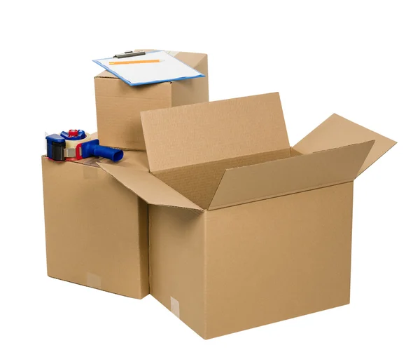 Brown cardboard box set isolated on white — Stock Photo, Image