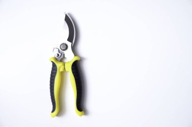 Budama makası, bahçe aletleri, beyaz arkaplanda izole edilmiş.