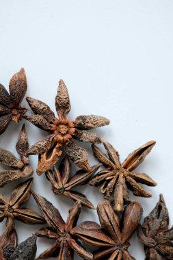 Kurumuş yıldız anasonunun yakın plan görüntüsü beyaz arkaplanda izole edildi