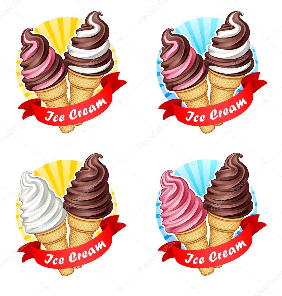 Vector illustration of logo, emblem or label soft ice cream in a waffle cone with a red ribbon on a white background.