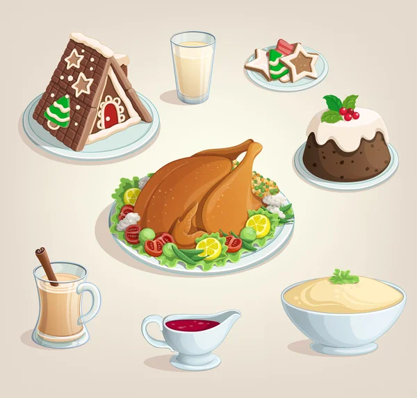 Christmas, thanksgiving, new year. Dinner food dishes. — Stock Vector