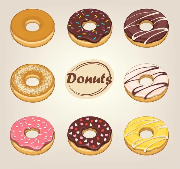 Donuts, zoete, ronde in glazuur. — Stockvector