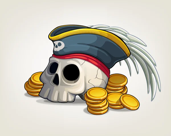 Pirata del cráneo con sombrero y monedas de oro — Vector de stock