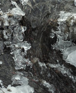 Buzla kaplı akarsu, kış manzarası, don, barışçıl doğa.