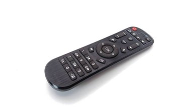 dusty television remote control isolated on white background