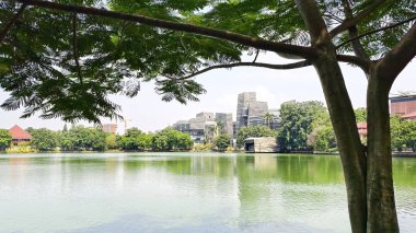 modern building with unique architectural design beside a lake with blue sky, with reflection in the water. the central library of the university of indonesia