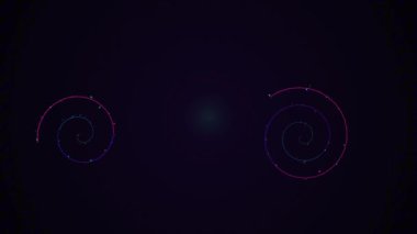Karanlık bir atmosfer zeminine karşı iki hipnotik logaritmik spiralin yörüngesindeki neon parçacıklarının yer aldığı yüksek kaliteli bir 4k video, fütüristik ve soyut yaratıcı projeler için mükemmel..