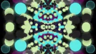 Parlayan mavi, mor ve sarı noktalardan oluşan kaleydoskopik desenli büyüleyici bir 4k hareket grafiği, yaratıcı VJ döngüleri ve modern dijital sanat arkaplanları için ideal..