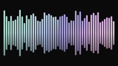 Dikey çubuklarla ritme tepki veren neon gradyan ses dalgası içeren dinamik bir ses eşitleyici animasyonu. Siyah arkaplan üzerindeki bu modern dijital dalga biçimi görselleştirme müzik videoları, podcast ve yaratıcı teknoloji projeleri için idealdir..