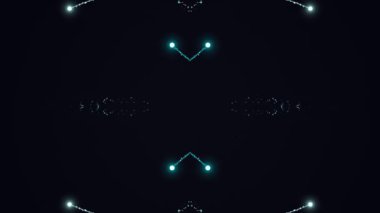 Simetrik mavi ışık parçacıklarının ve geometrik şekillerin pürüzsüz bir döngüde patlayışının çarpıcı bir görüntüsünü deneyimleyin. Bu fütüristik arka plan ileri teknoloji tanıtımları, sinematik görseller ve modern tasarım projeleri için mükemmeldir..