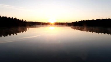 Orman Siluetiyle Sisli Göl 'ün Üzerinde Huzurlu Gün Doğumu