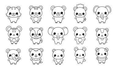 Renklendirme ya da eğitici kullanım için siyah beyaz ana hatlı on beş sevimli hayvan çizgi film koleksiyonu