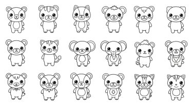 Sevimli çizgi film hayvanlarından oluşan bir derleme ayı kedileri ve siyah beyaz bir fil.