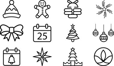Noel Taslak Vektör Simgeleri Koleksiyonu, Kış Tatili Minimalist Çizgi Sembolleri, Şen Mevsim İnce Çizgi Çizgisi Simgesi Paketi, Ağaç, Kar Tanesi, Ren Geyiği Simgesi