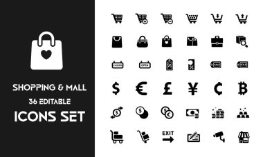 Alışveriş ve alışveriş merkezi simgesi seti, e-ticaret tasarımı için el arabaları, çantalar, para birimi sembolleri ve perakende tabelaları içeren 36 adet düzenlenebilir düz vektör simgesi içerir.