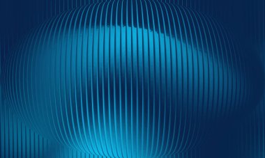 Soyut 3D Mavi Metalik Kabartmalı Küre Arkaplanı Parlak Dikey Çizgiler ve Fütürist Geometrik Doku