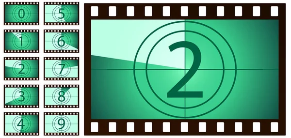 Retrofilm Countdown grün auf weißem Hintergrund. Vereinzelte Vektorobjekte. EPS 10 — Stockvektor