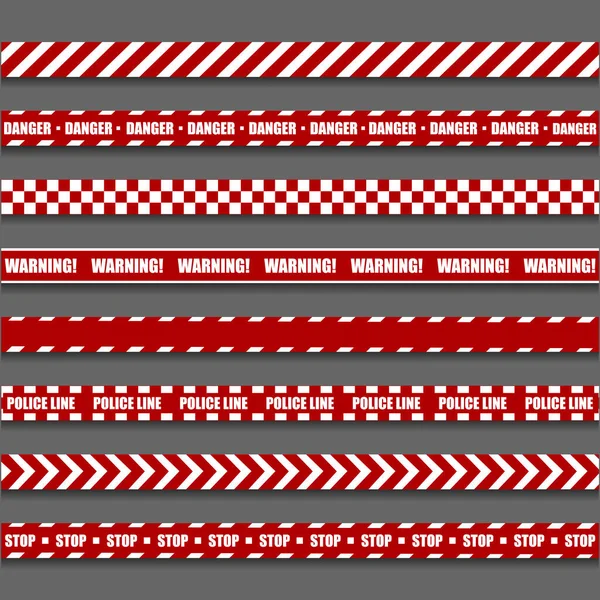 Línea de advertencia policial. Cinta de construcción de barricada roja y blanca sobre fondo gris. Ilustración vectorial. EPS 10 — Vector de stock