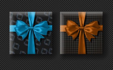 Siyah hediye kutusunu mavi ve kahverengi yay vektör illüstrasyonuyla ayarla. EPS 10