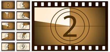 Beyaz arka planda retro film geri sayımı kahverengi. İzole vektör nesneleri.