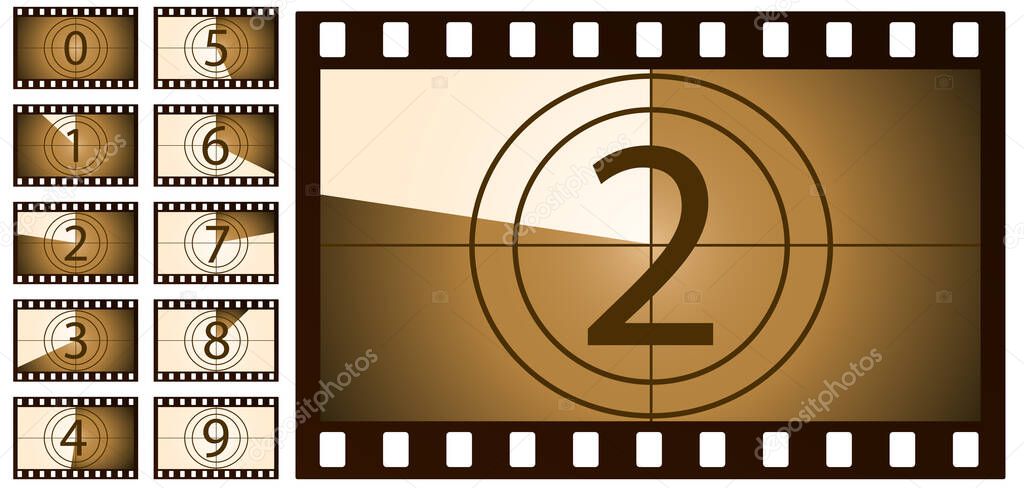 retro film countdown brown on white background. Isolated vector objects.