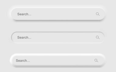 Neomorfik arayüzün Beyaz Arama çubuğu şablonları. Neomorfizm modası 2020 tasarım elementleri, UI bileşenleri. Vektör yerleşimi illüstrasyonu web sitesi, arayüz, sosyal medya için izole nesneler