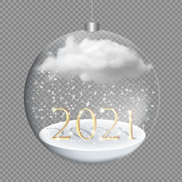 Feliz Ano Novo 2021. Número de metal dourado em uma bugiganga de vidro com neve e nuvem, decorações de Natal. Festa comemorativa 2021. Cartaz de Natal, banner, capa, brochura, folheto, design de layout. —  Vetores de Stock