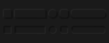 Vektör düzenlenebilir neomorfik düğmeler ayarlandı. Web siteleri, mobil menüler, navigasyon ve uygulamalar için kaydırıcılar. Basit zarif Neomorfizm modu 2020 tasarım elemanı UI bileşenleri siyah arkaplanda izole edildi