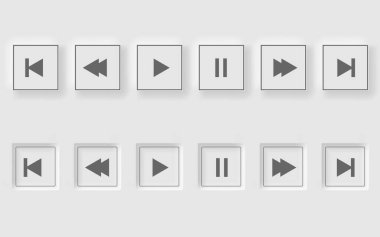 Neomorfizm biçimindeki oyuncu için beyaz kare vektör düğmeleri kümesi.