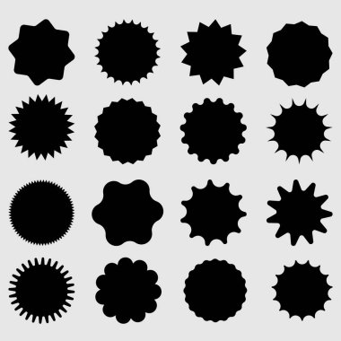 Siyah alışveriş etiketleri koleksiyonu. İndirim ya da indirim etiketi. Özel fiyat etiketi. Süpermarket tanıtım rozeti. Güneş patlaması ikonu. EPS 10
