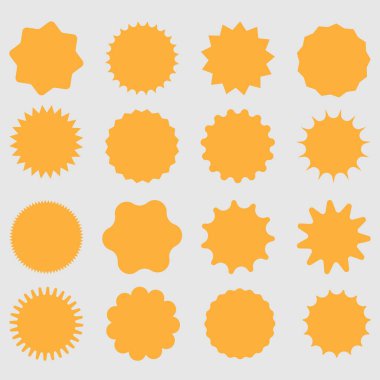 Sarı alışveriş etiketleri koleksiyonu. İndirim ya da indirim etiketi. Özel fiyat etiketi. Süpermarket tanıtım rozeti. Vektör güneş patlaması simgesi.