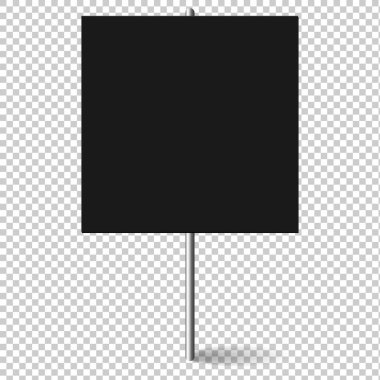 Siyah kare boş pankart metal çubukla taklit edilir. Protesto pankartı, metal tutucuyla halka açık şeffaflık. Şeffaf arkaplanda protesto işareti var. EPS 10