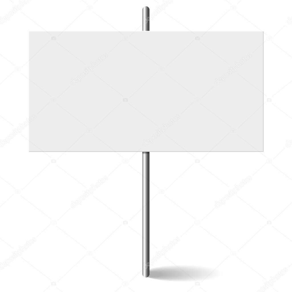 Blank banner mock up on metal stick. Protest placard, public transparency with metal holder. Protest sign isolated on white background