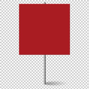 Kırmızı kare boş pankart metal çubukla taklit edilir. Protesto pankartı, metal tutucuyla halka açık şeffaflık. Saydam arkaplanda protesto işareti izole edildi