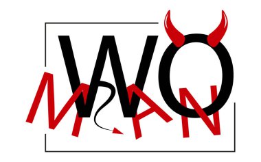 Boynuzlu, kuyruklu, beyaz arka planda logosu olan kadın.