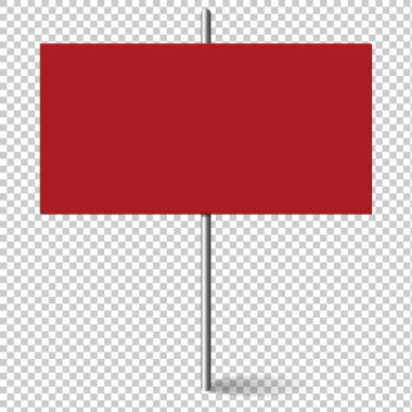 Kırmızı dikdörtgen boş pankart metal çubukla taklit edilir. Protesto pankartı, metal tutucuyla halka açık şeffaflık. Saydam arkaplanda protesto işareti izole edildi