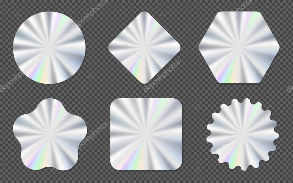 Set of realistic holograms of different shapes for award design, product guarantee, label design. EPS 10