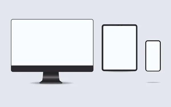 Реалістичний векторний ноутбук, планшетний комп'ютер, монітор та шаблон мобільного телефону — стоковий вектор