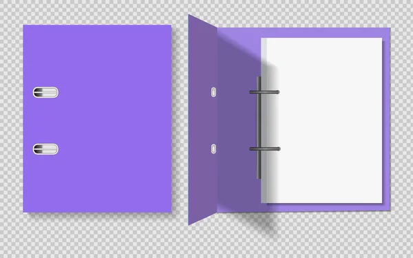 Реалистичная фиолетовая папка для бумаг. Закрыто и открыто листом бумаги, на прозрачном фоне — стоковый вектор