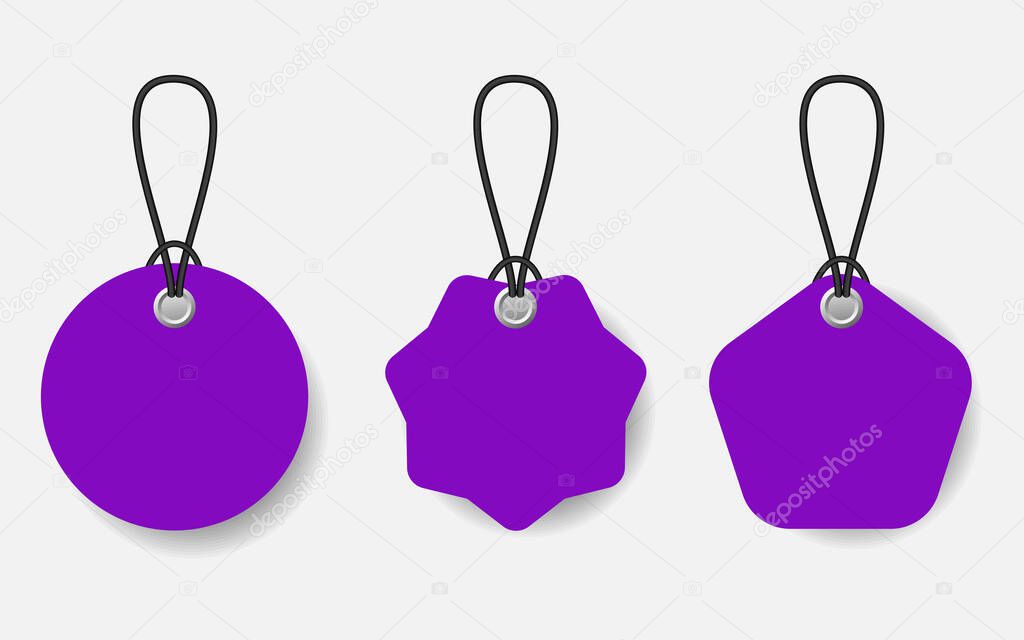 Set of violet price tags with black lace on white background