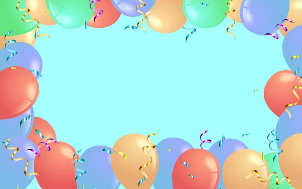 Grußkarte vorhanden. Festliche Vorlage. Alles Gute zum Geburtstag. Urlaub. Farbige Luftballons auf blauem Hintergrund mit Komfeti — Stockvektor