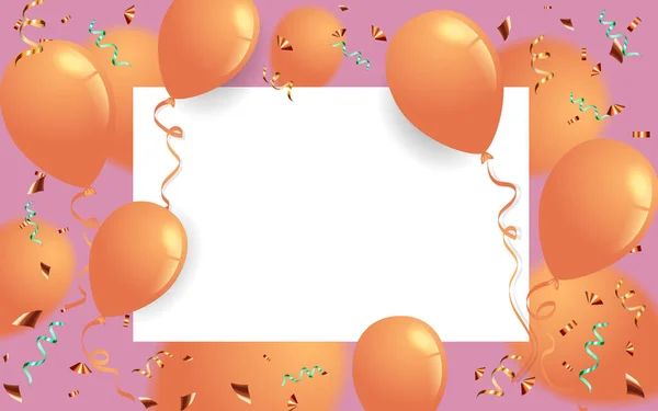 Grußkarte vorhanden. Festliche Vorlage. Alles Gute zum Geburtstag. Urlaub. Orangefarbene Luftballons auf rosa Hintergrund mit farbigen Komfeti — Stockvektor