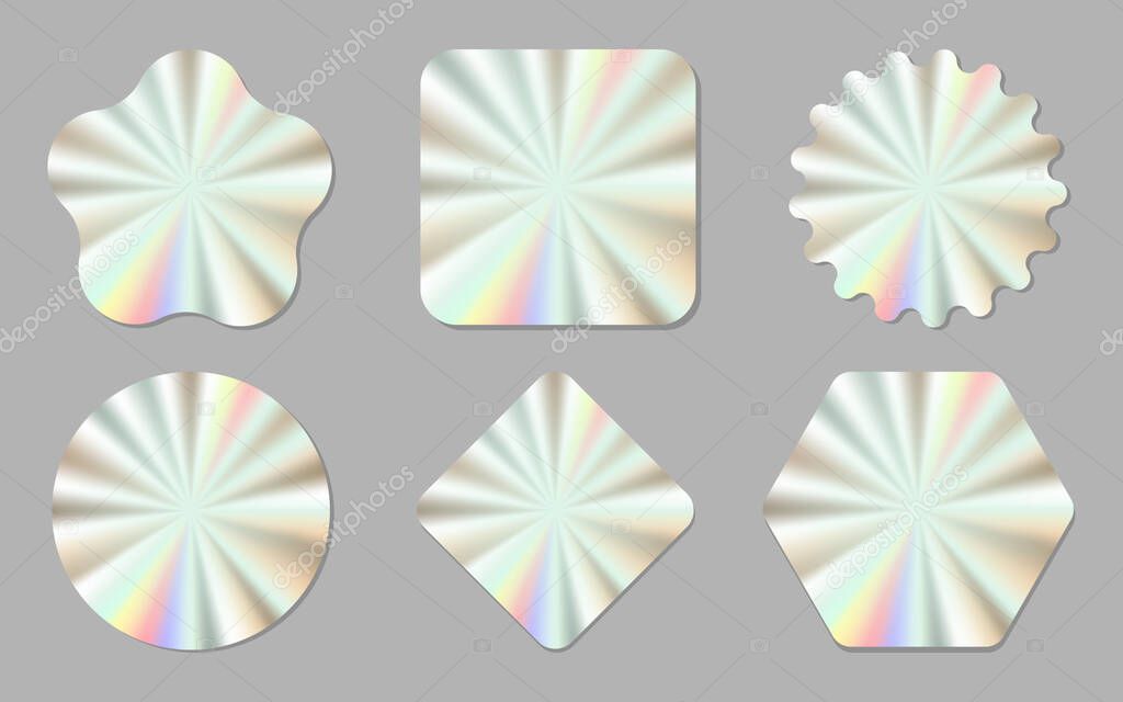Set of trendy holographic colored stickers and decals of different shapes, vector illustration