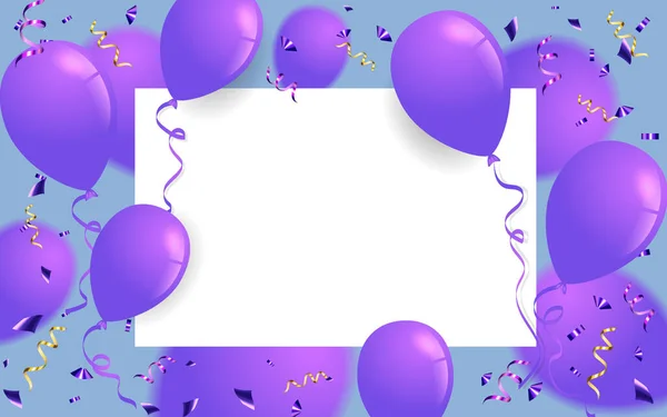 Carte de vœux. Modèle festif. Joyeux anniversaire. Vacances. ballons violets sur fond bleu avec komfeti coloré — Image vectorielle