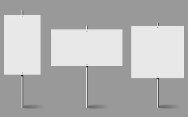 Metal çubukta boş beyaz pankart modeli. Protesto afişi, metal tutacağı olan bir reklam. Beyazda protesto işareti izole