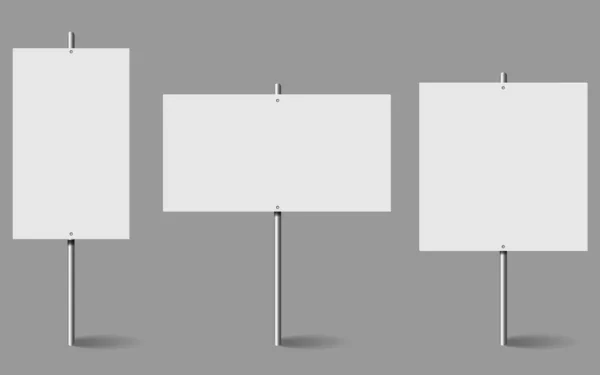 空白白色横幅模型设置在金属棒上.抗议海报，用金属夹子做广告在白色上隔离的抗议标志 — 图库矢量图片