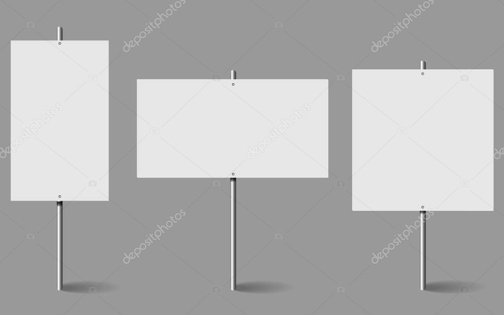 Blank white banner mockup set on metal stick. Protest poster, advertisement with metal holder. Protest sign isolated on white